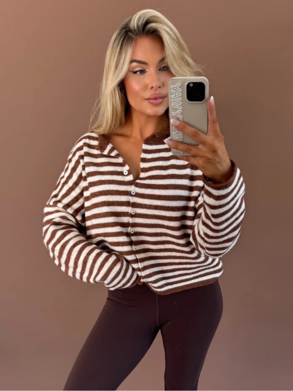 Striped Button-Up Cardigan - Brown